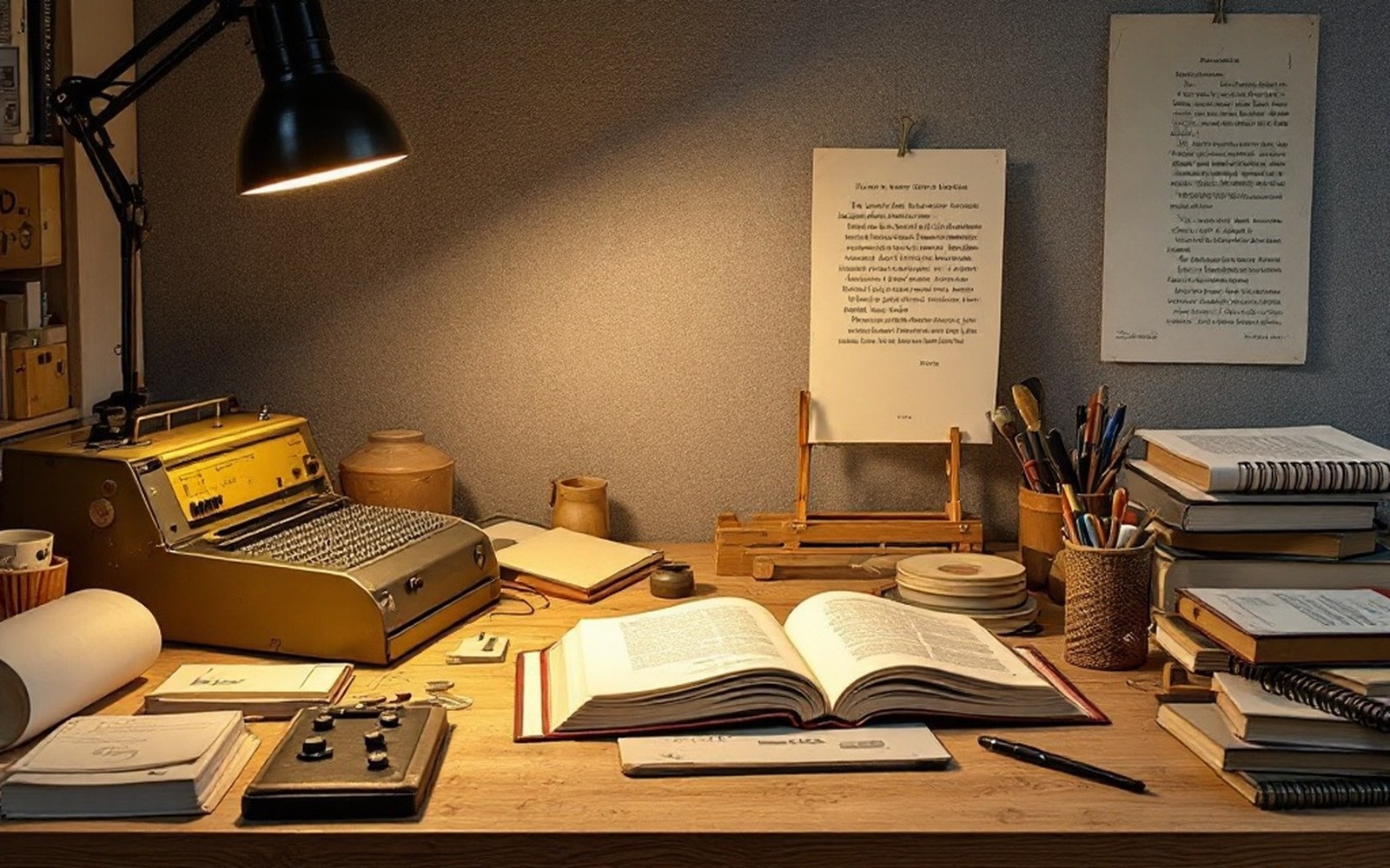 Desk with an open book, typewriter, easel with typed pages, and stacked notebooks under lamplight