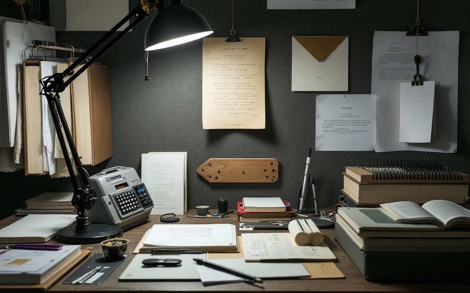 A cluttered desk with an adjustable lamp, calculator, notebooks and papers pinned to a wall