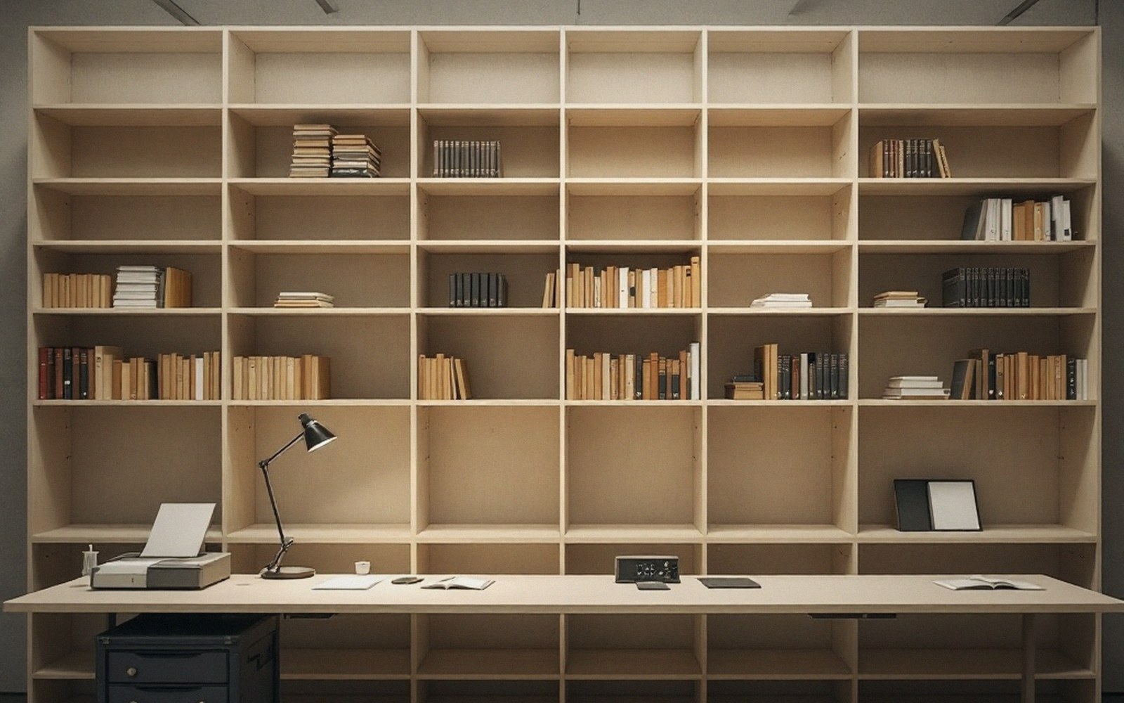 Wooden shelving unit with sparse books above a long desk and lamp