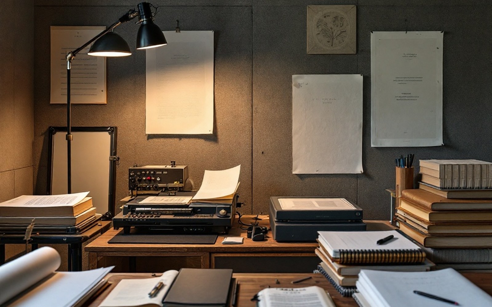 A cluttered recording desk with a reel-to-reel player, lamp, papers pinned to a corkboard wall