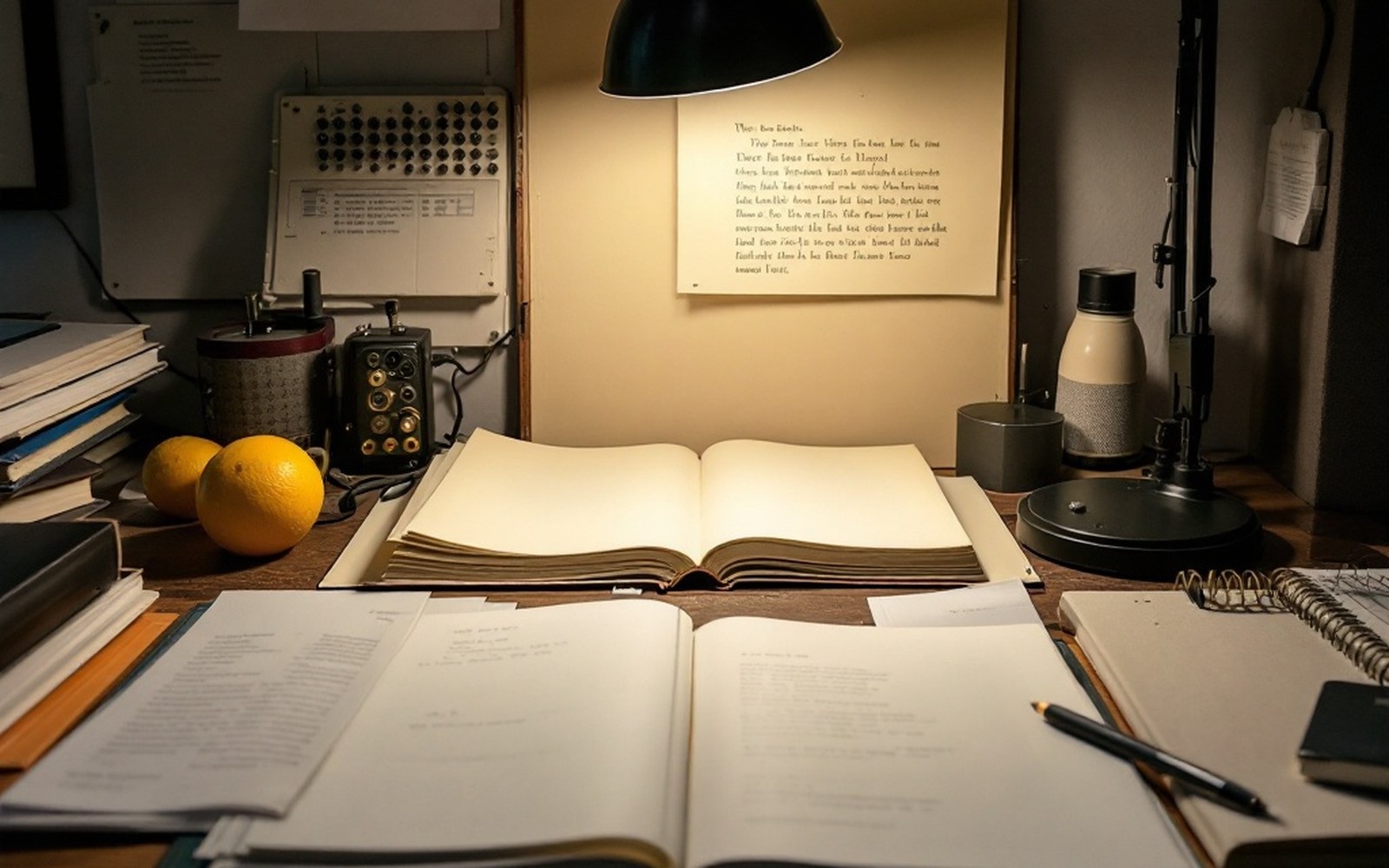An open notebook and papers on a desk, lit by a hanging lamp with a handwritten note pinned behind