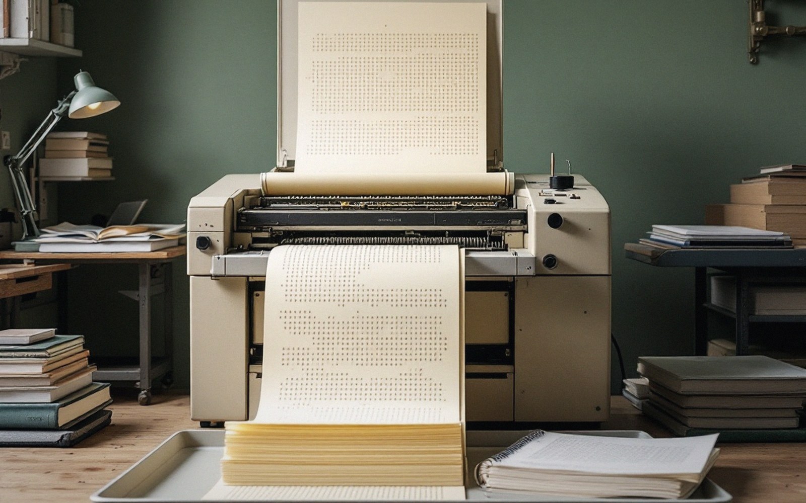 A braille embosser mid-run, fanfold paper stacking in the tray